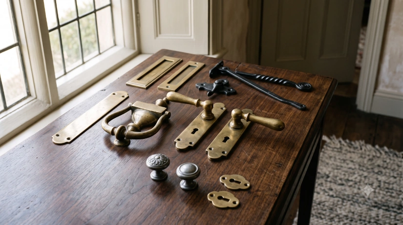 A collection of traditional British period architectural ironmongery, including brass door and window furniture