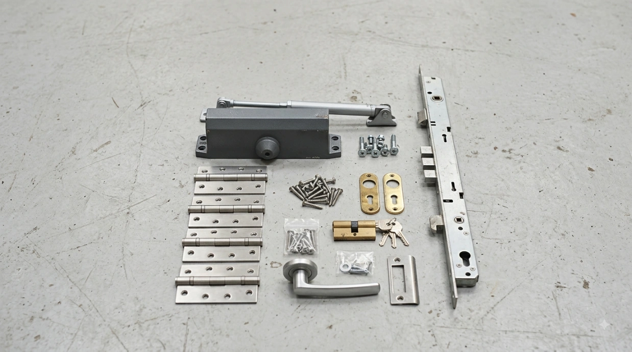 Replacement door hardware parts prepared for a facilities management maintenance round